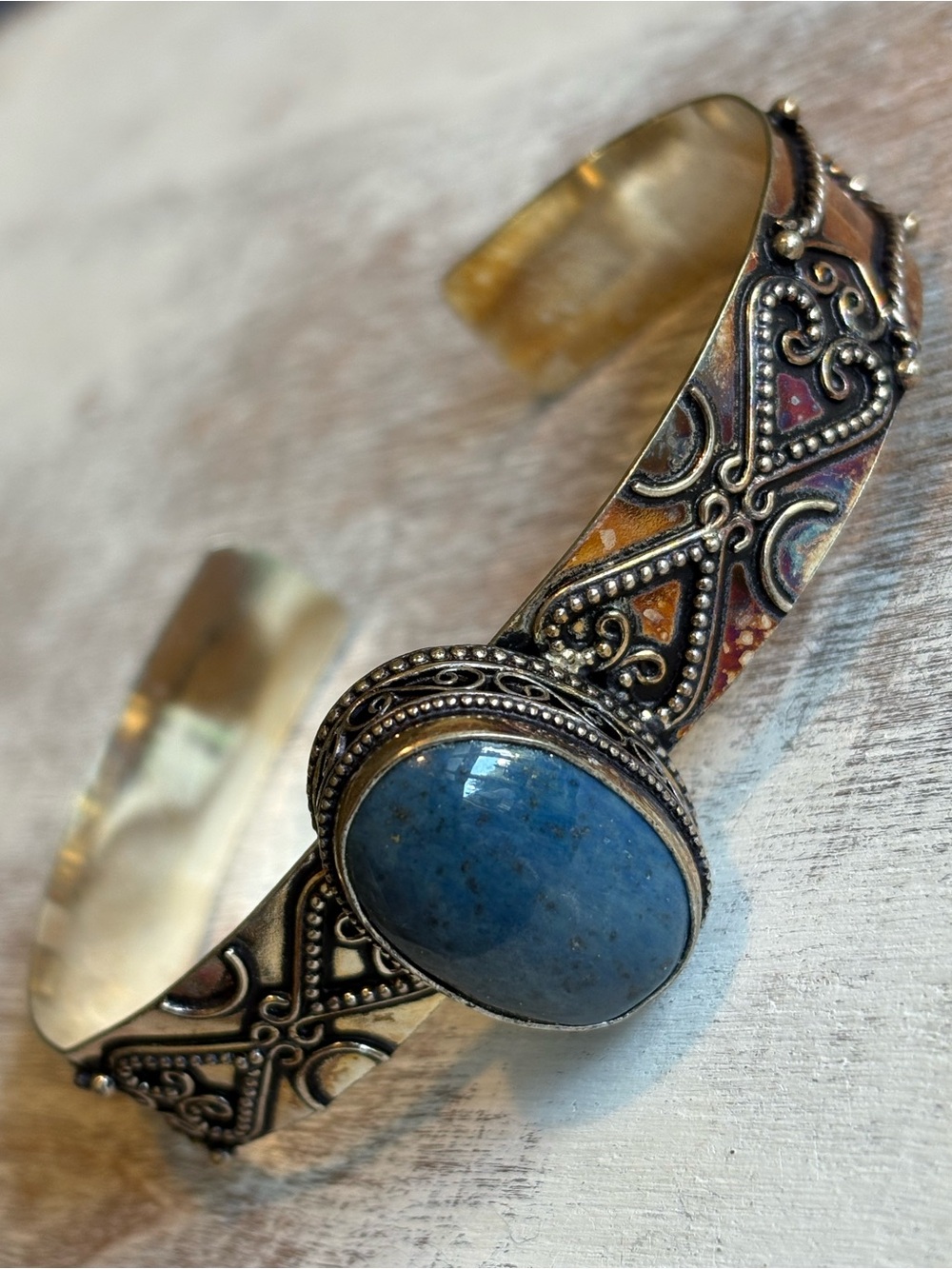 Handmade Artisan Silver Statement Cuff Bracelet Blue Natural Stone Cabochon